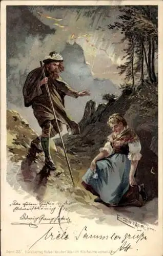 Künstler Litho Döcker, E, Wanderer, Bäuerin, Ludwig Ganghofer