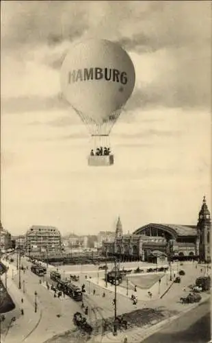 Ak Hamburg Mitte St. Georg, Fesselballon über Hauptbahnhof