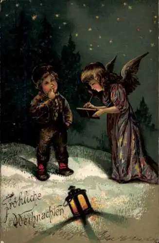 Präge Litho Glückwunsch Weihnachten, Junge und Engel, Laterne