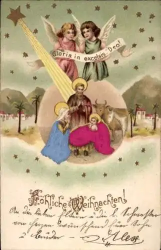 Präge Stoff Litho Glückwunsch Weihnachten, Heilige Familie, Engel