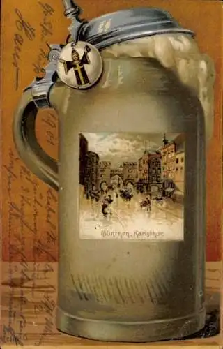 Präge Litho München, Karlstor, Bierglas, Münchner Kindl