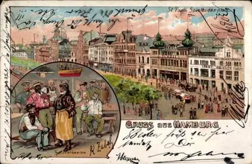 Litho Hamburg Mitte St. Pauli, Spielbudenplatz, Schillerkneipe