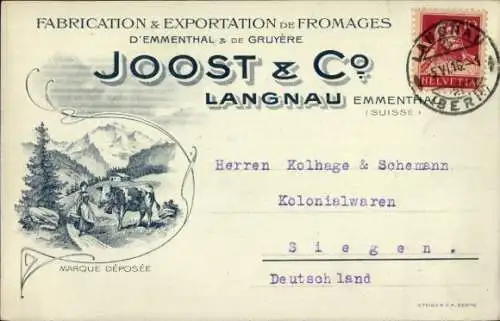 Ak Langnau im Emmental Kanton Bern Schweiz, Werbung, Käseherstellung, Firma Joost & Co.