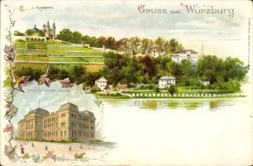 Litho Würzburg am Main Unterfranken, Käppele, Neues Universitäts-Gebäude