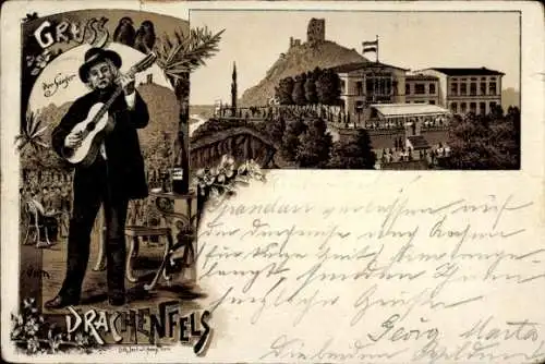 Litho Königswinter am Rhein, Drachenfels, Sänger, Gitarre