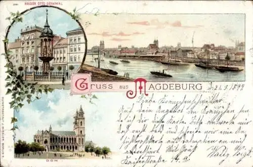 Litho Magdeburg, Gesamtansicht, Dom, Kaiser-Otto-Denkmal