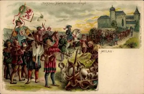 Künstler Litho Langbein, Robert, Mylau im Vogtland, Rückkehr Karl IV von der Jagd