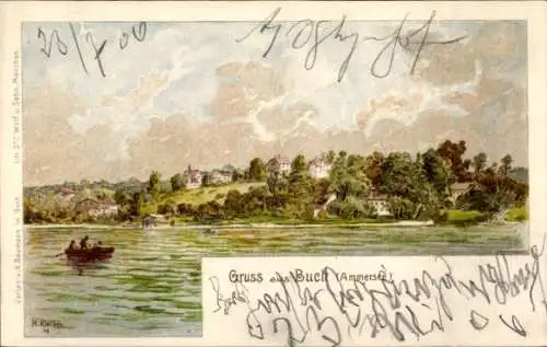 Litho Buch am Ammersee Inning Oberbayern, Gesamtansicht, Ruderboot