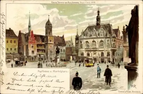 Künstler Litho Halle Saale, Rathaus, Marktplatz, Stadthaus, Roland