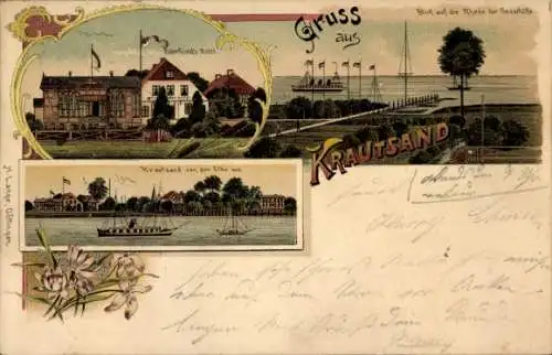 Litho Elbinsel Krautsand Drochtersen im Kreis Stade, Buhrfeinds Hotel, Rhede der Seeschiffe