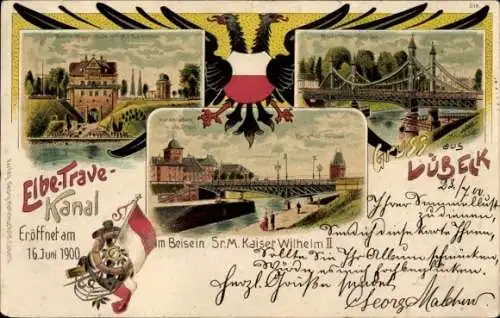 Wappen Litho Hansestadt Lübeck, Navigationsschule, Kaisertor, Mühlentorbrücke, Elbe-Trave-Kanal