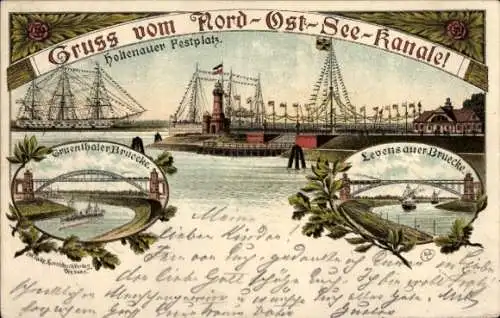 Vorläufer Litho Holtenau Kiel, Nord-Ostsee-Kanal, Levensauer Brücke, Holtenauer Festplatz, 1895