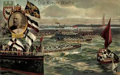 Künstler Ak Hansestadt Kiel, Kieler Woche, Großadmiral von Koester, Ruderboote