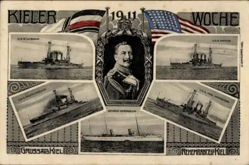 Ak Kieler Woche, Kaiser Wilhelm II., Amerikanische Kriegsschiffe, USS Kansas, USS South Carolina