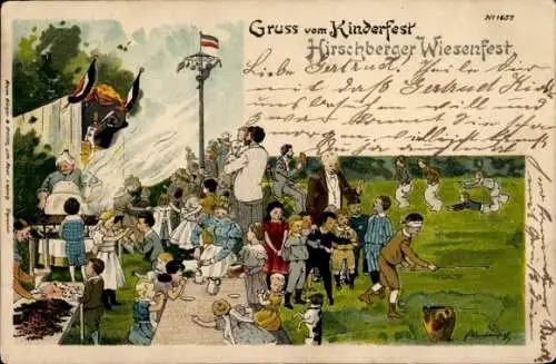 Künstler Litho Kinderfest, Hirschberger Wiesenfest, Spielende Kinder, Tisch, Fahnen