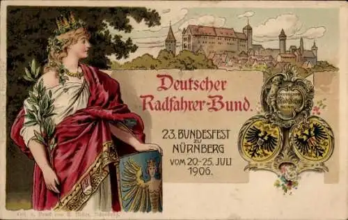 Ak Nürnberg in Mittelfranken, Deutscher Radfahrer-Bund, 23. Bundesfest 1906, Wappen