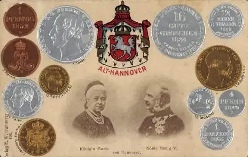 Präge Ak Königin Marie von Hannover, König Georg V. von Hannover, Taler, Groschen, Münzen