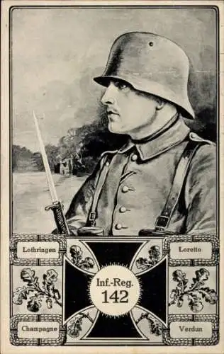 Ak Inf Regt Nr 142, Lothringen, Loretto, Champagne, Verdun, Soldat, Kaiserreich, Bajonett, Stahlhelm