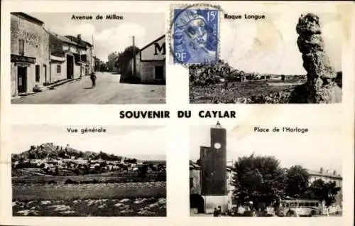 Ak Le Caylar Hérault, Avenue de Millau, Roque Longue, Place de l'Horloge, Gesamtansicht