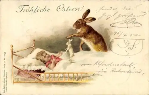 Litho Glückwunsch Ostern, Hase schenkt Kind ein Plüschhase