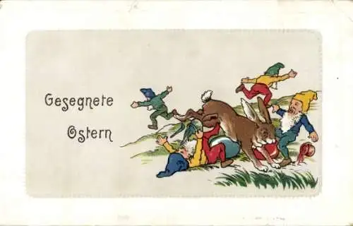 Ak Glückwunsch Ostern, Hase und Zwerge mit Farbtöpfen