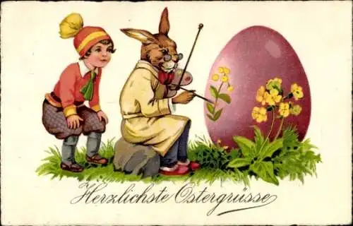 Ak Glückwunsch Ostern, Vermenschlichter Hase bemalt ein Osterei