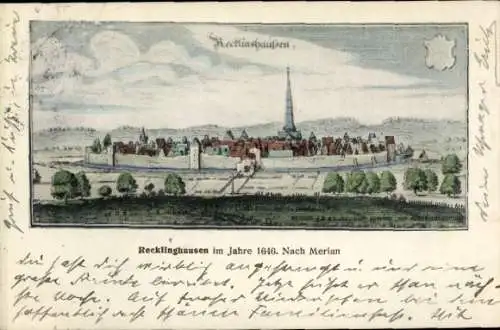 Künstler Ak Merian, Recklinghausen im Ruhrgebiet, Totalansicht im Jahre 1646