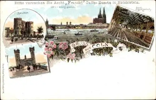 Litho Köln am Rhein, Hahnentor, Türme, Boote, Dom, Hohenzollernbrücke, Saal im Gürzenich