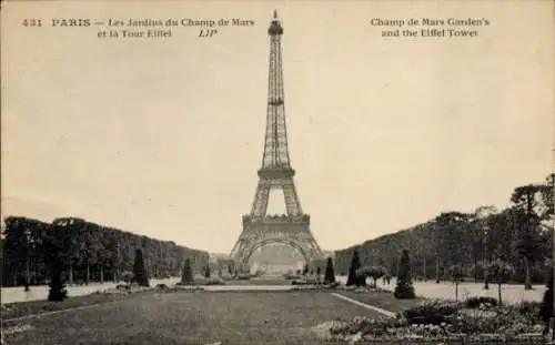 Ak Paris VII, Der Eiffelturm, Eiffelturm, Die Gärten des Champ de Mars