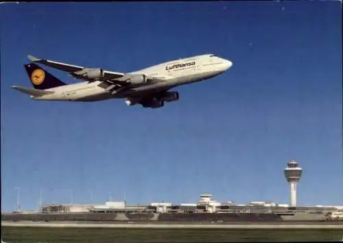 Ak Flughafen München, Deutsches Passagierflugzeug, Boeing 747 400, erste Landung, Lufthansa