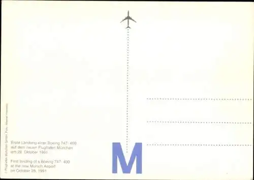 Ak Flughafen München, Deutsches Passagierflugzeug, Boeing 747 400, erste Landung, Lufthansa