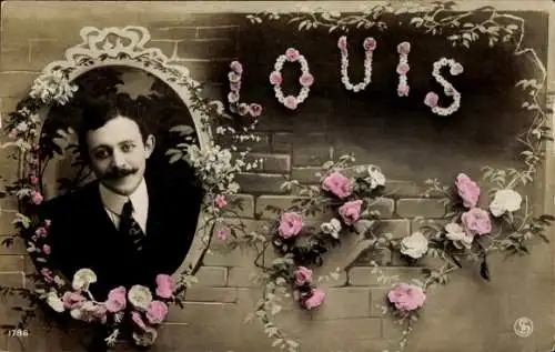 Buchstaben Ak Vorname Louis, Mann-Porträt, Blumen