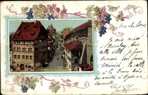 Litho Nürnberg in Mittelfranken, Straße, Häuser, Weintrauben