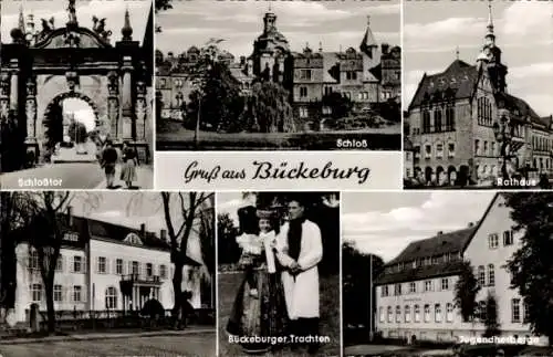 Ak Bückeburg im Kreis Schaumburg, Tracht, Jugendherberge, Rathaus, Schlosstor, Schloss