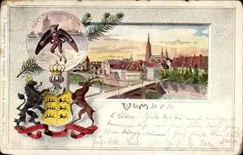 Ak Ulm an der Donau, Wappen, Der Schneider von Ulm, Brücke, Teilansicht