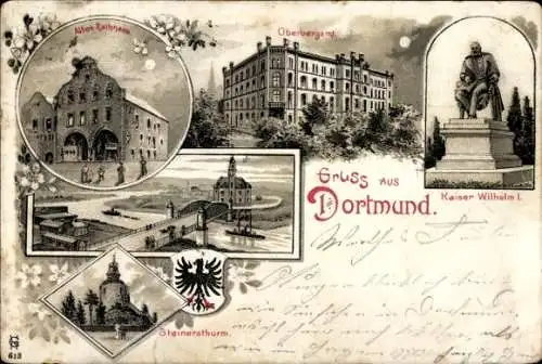 Mondschein Litho Dortmund im Ruhrgebiet, Altes Rathaus, Oberbergamt, Kaiser Wilhelm I, Steinersturm