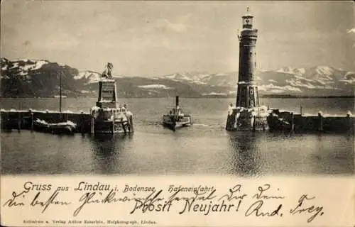 Ak Lindau am Bodensee Schwaben, Hafeneinfahrt, Leuchtturm, Winter, Prosit Neujahr, Dampfer