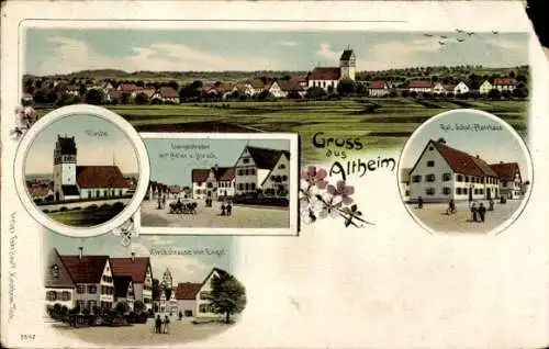 Litho Altheim bei Ehingen Baden Württemberg, Kirche, Schul und Pfarrhaus, Kirchestraße, Langestraße