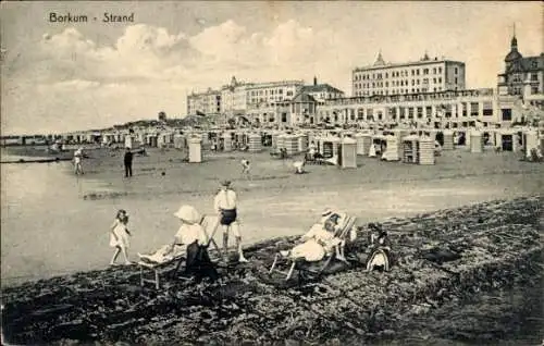 Ak Nordseebad Borkum in Ostfriesland, Strand, Badegäste, Gebäude