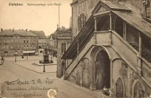 Ak Lutherstadt Eisleben, Rathausstiege, Markt, Denkmal