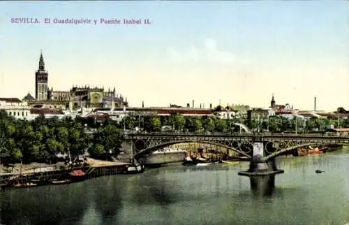 Ak Sevilla Andalusien, El Guadalquivir und Isabel II-Brücke.