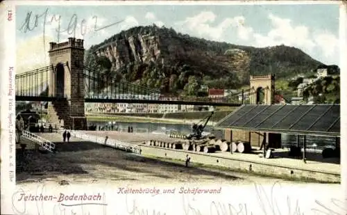 Ak Podmokly Bodenbach Děčín Tetschen an der Elbe Region Aussig, Kettenbrücke und Schäferwand