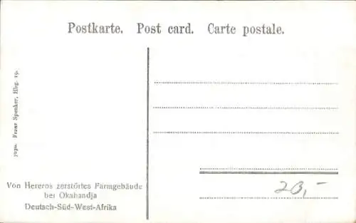 Ak Okahandja Namibia, Von Hereros zerstörtes Farmgebäude