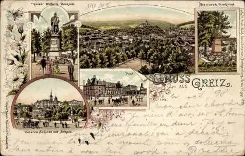 Litho Greiz im Vogtland Thüringen, Kaiser Wilhelm Denkmal, Bismarckdenkmal, Post, Schloss