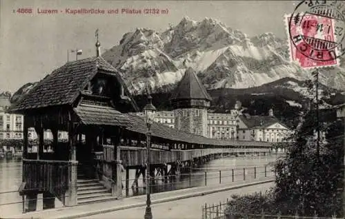 Ak Luzern Stadt Schweiz, Kapellbrücke, Pilatus