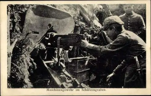 Ak Deutsche Soldaten in Uniformen, Maschinengewehr im Schützengraben, I WK