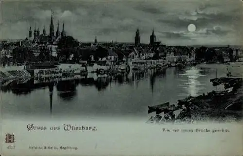 Mondschein Ak Würzburg am Main Unterfranken, Gesamtansicht von der neuen Brücke gesehen