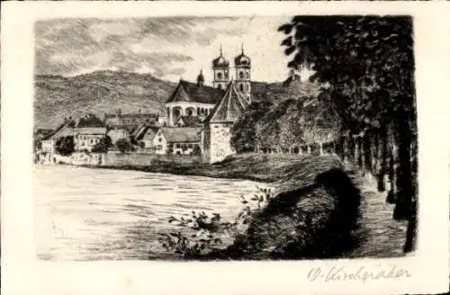 Künstler Ak Bad Säckingen am Hochrhein, Teilansicht, Kirche, Rhein