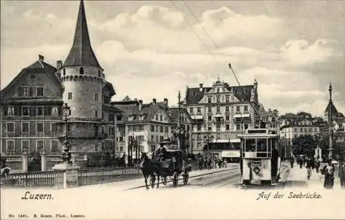 Ak Luzern Stadt Schweiz, Seebrücke, Straßenbahn Richtung Maihof, Pferdekutsche