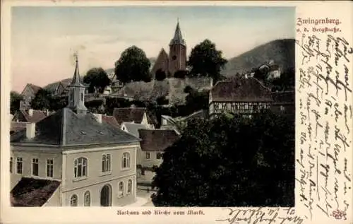 Ak Zwingenberg an der Bergstraße in Hessen, Rathaus und Kirche vom Markt